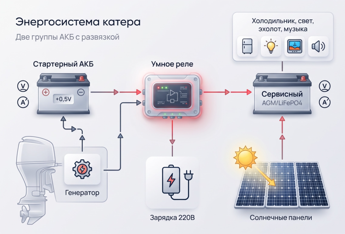 Схема энергосистемы катера: стартерный и сервисный аккумуляторы, умное реле развязки, генератор, солнечные панели, береговое зарядное устройство