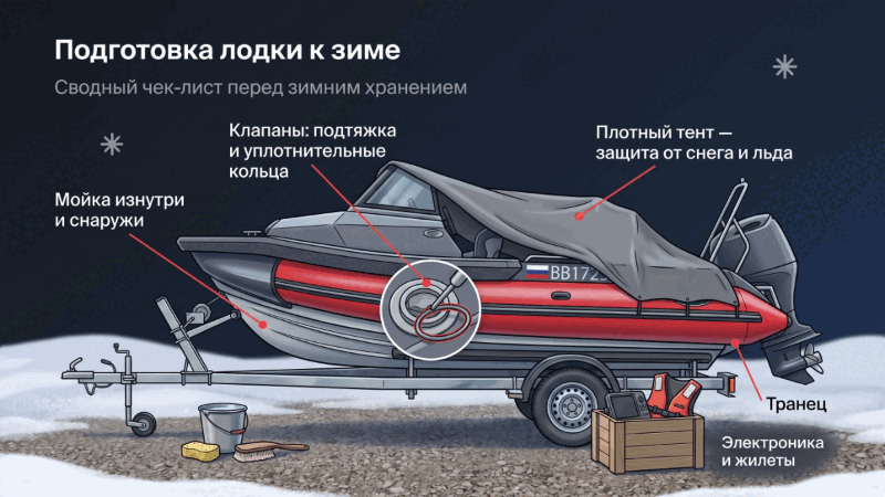 Схема подготовки лодки к зиме: мойка, сушка, тент, проверка клапанов, вынос ценных вещей